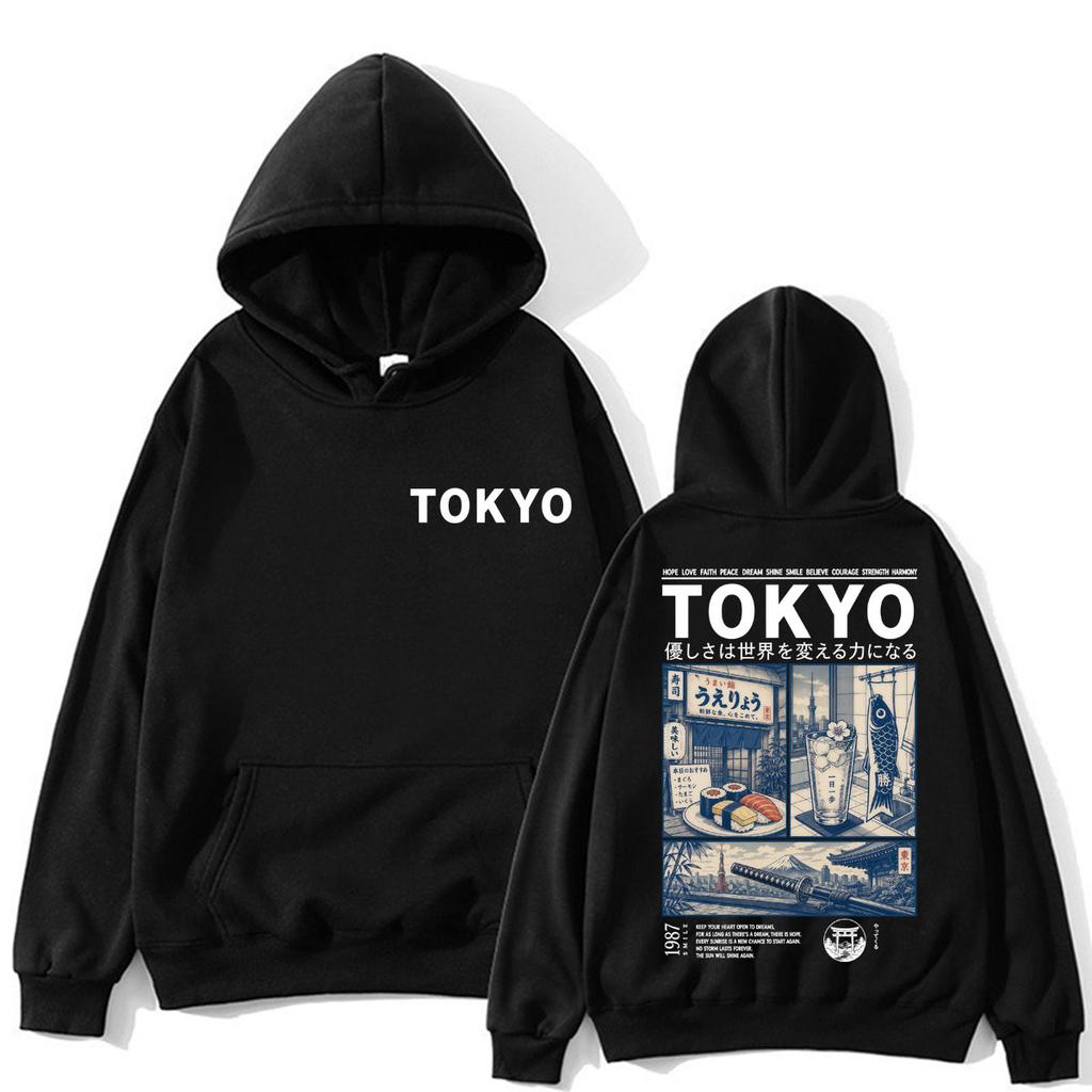 Japanese Style Tokyo Graphic Hoodie Men Women 90s Vintage Fashion Harajuku Sweatshirt Oversized
