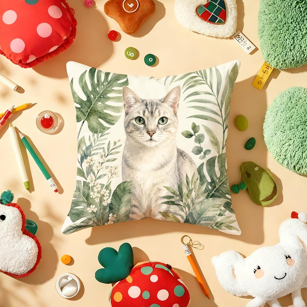 Tropical Jungle Flora Cat Cushion Cover Soft Short Plush DoubleSided Printing Home Decor Machine Washable Pillow Case Gift