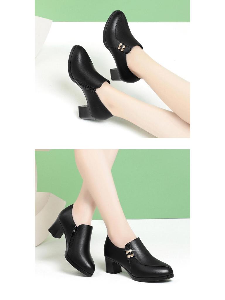 Burgundy Chunky Heel Soft Leather Shoes for Women - Spring & Autumn 2022, Comfortable for Middle-Aged & Elderly