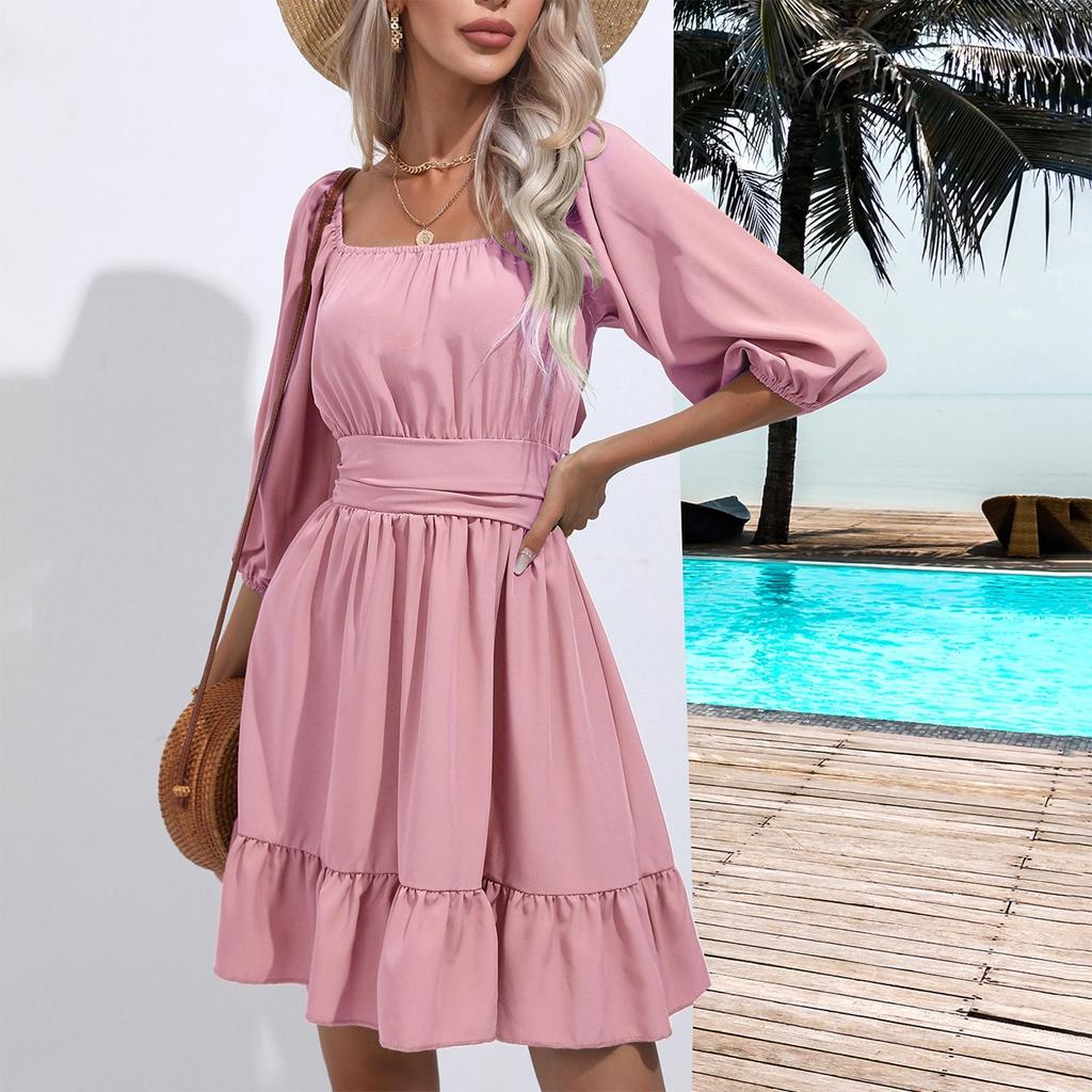 Dámské letní šaty na zavazování s čtvercovým výstřihem, volánky, puf rukávy s pětibodovou délkou, zavazováním, drapováním, odhalenými rameny, áčkového střihu, ležérní