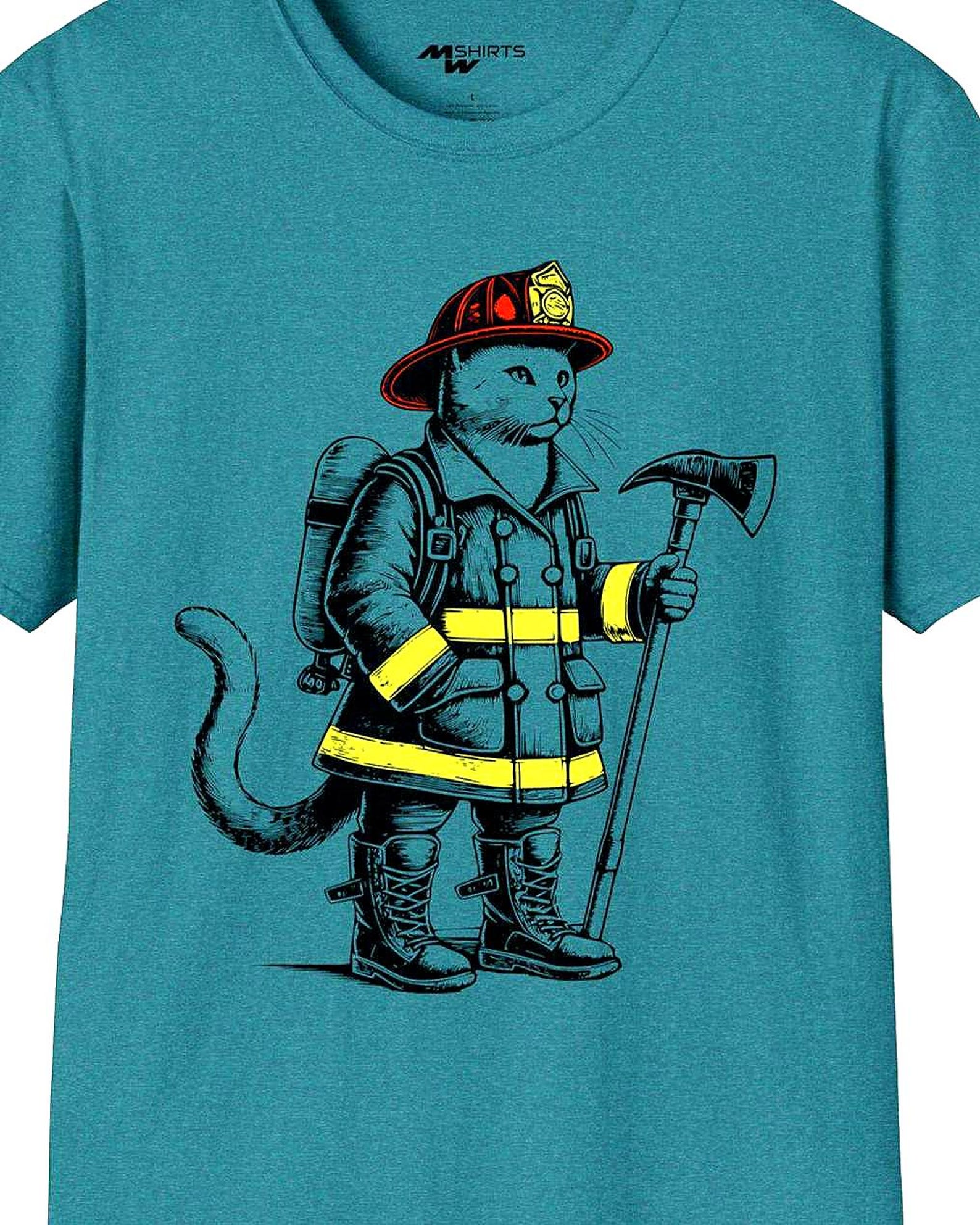 Firefighter Cat T-Shirt: Vintage Engraving, Fireman Kitty Hero Gift 4XL
