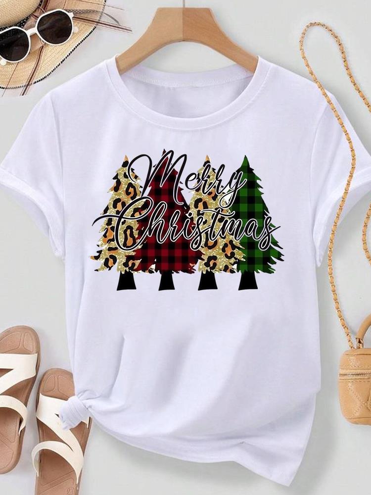 (Asian Size) Lovely Watercolor Cute Merry Christmas New Year Women's Top T Tee Festival O-neck Clothing Print Fashion Ladies Graphic T-shirts