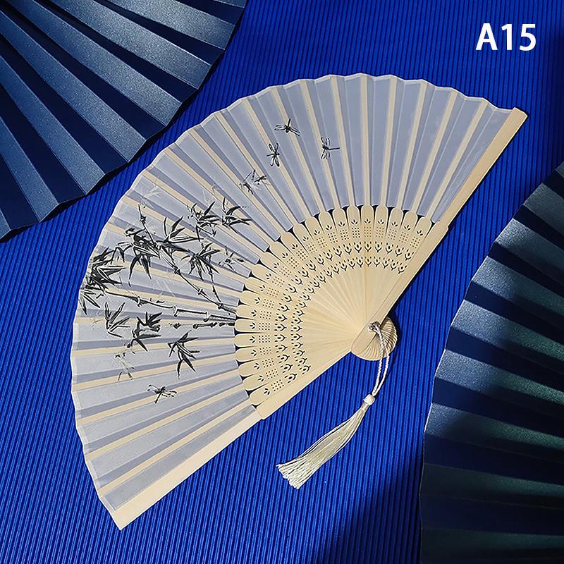 Vintage Chinese Style Folding Fan Bamboo Hand Fan Wooden Shank Classical Dance Fan With Tassel Elegent Female Fan Home Decor