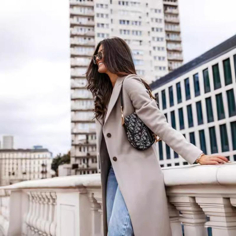 Høst og Vinter Ensfarget Langermet Drakekrage Ullkåpe Dameklær