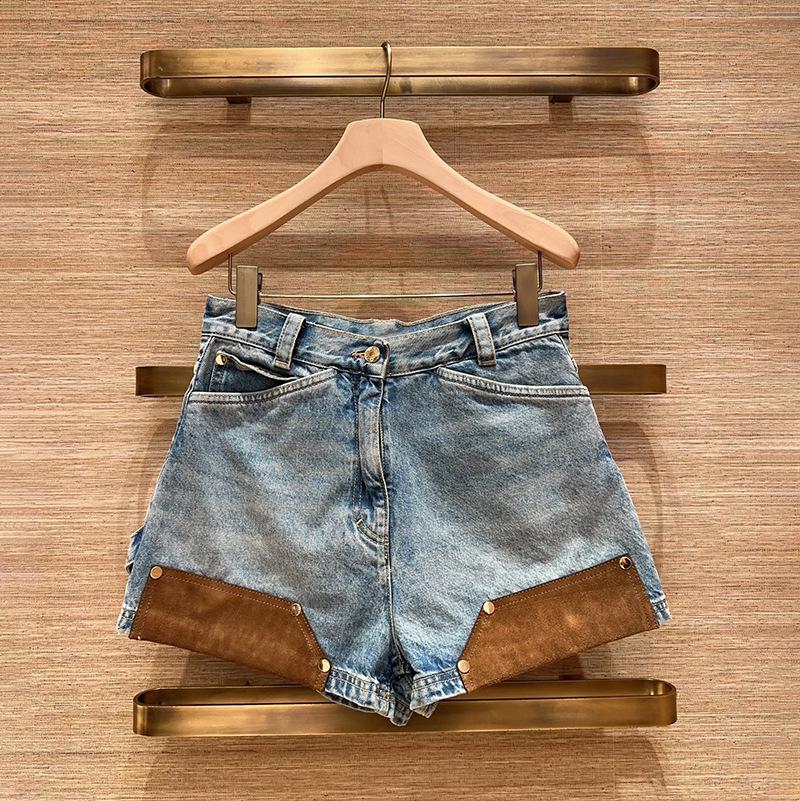 2026 Spring/Summer French Niche Lambskin Rivet Stand Collar Denim Jacket Shorts YS058 Small