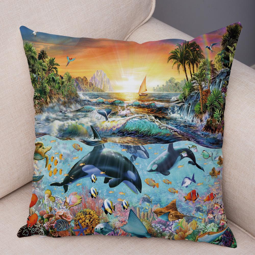 Marine Turtle Dolphins Shark Cushion Cover Short Plush Decor Colorful Ocean Animal Pillowcase Pillow Case for Sofa Home Car