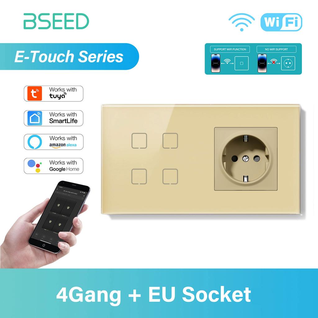 BSEED 1/2/3/4Gang WIFI Touch Switch Glass Smart Wall Light Switch Touch Screen Backlight Phone Fast Charge USB C Socket E Series