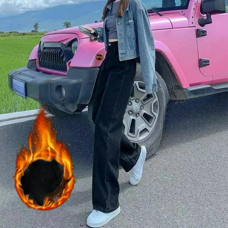 Black and Gray Straight Loose Jeans Women's Thickened High Waist Was Thin, All-match Wide-leg Warm and Velvet Mopping Pants