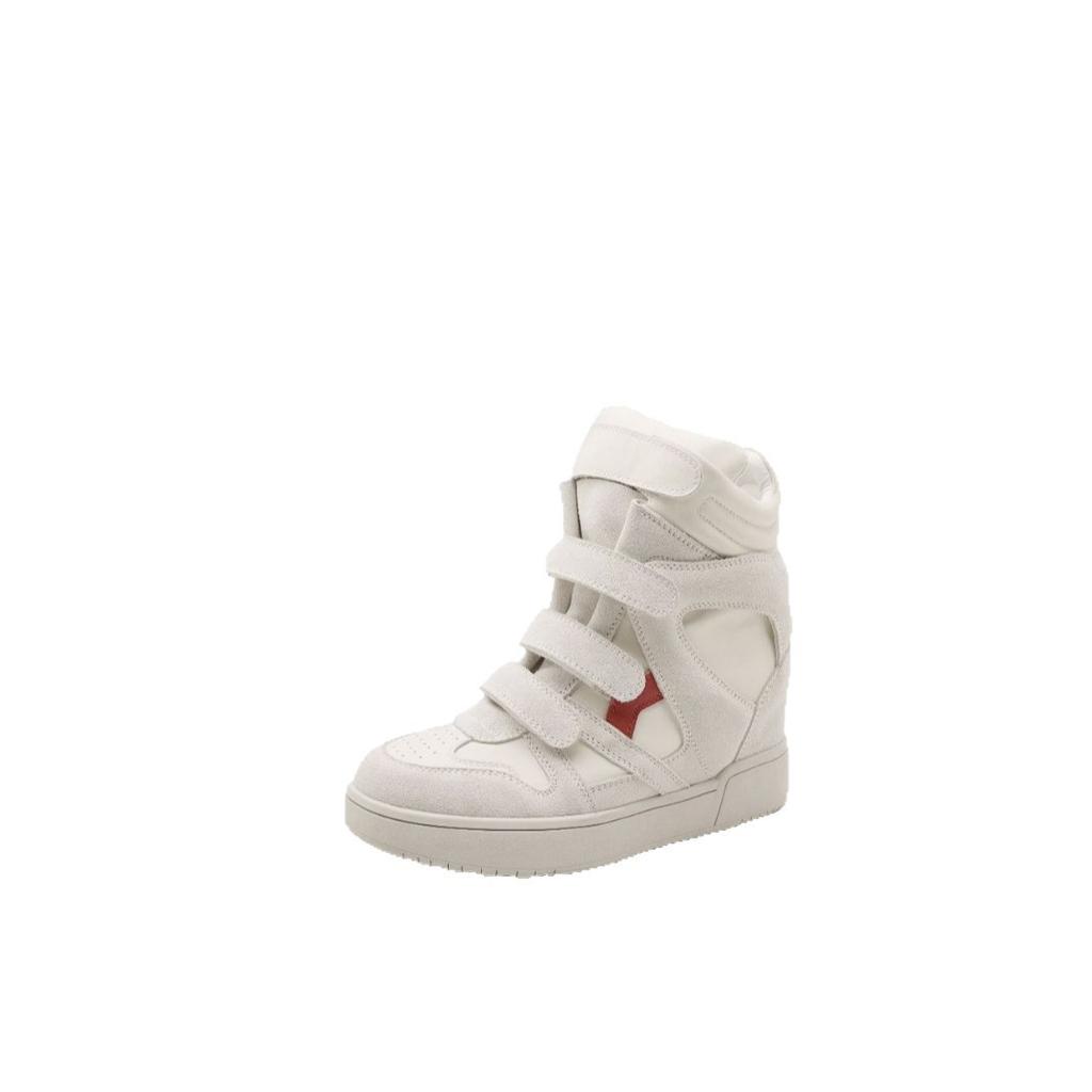 Genuine Leather 7CM Inner Height-increasing High-top White Shoes for Women Autumn New Velcro Casual Sports Short Boots