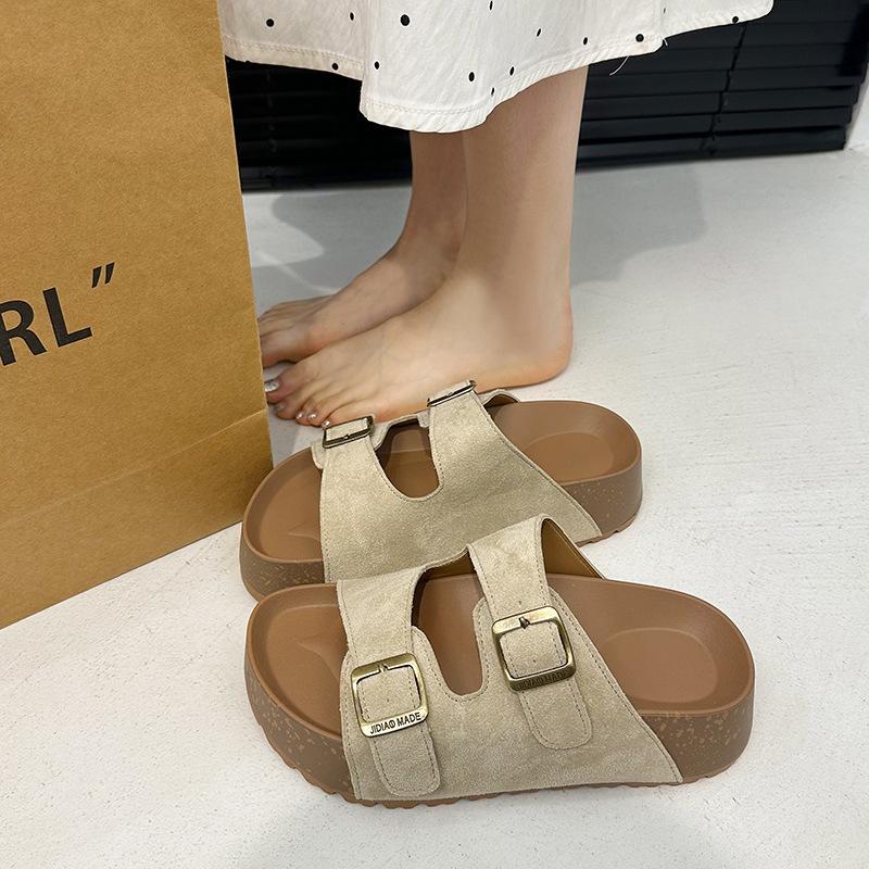 Seaside beach sandals with buckle round skirt cool slippers women's retro one-word thick-soled slippers 2025 summer