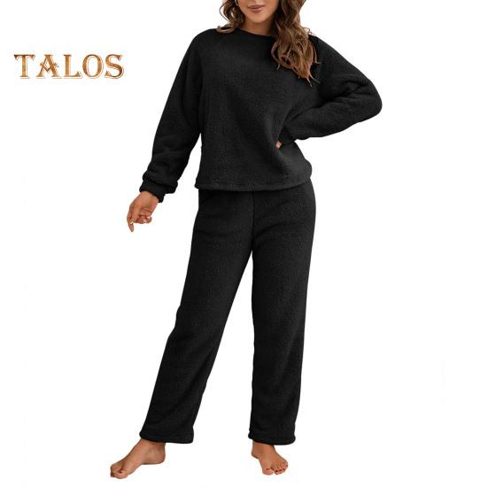2 Pcs/Set Pajama Set Autumn Winter Casual Outfit Top Pants Set Round Neck Long Sleeve Top Elastic Waist Sport Tracksuit Daily Clothes Sleepwear