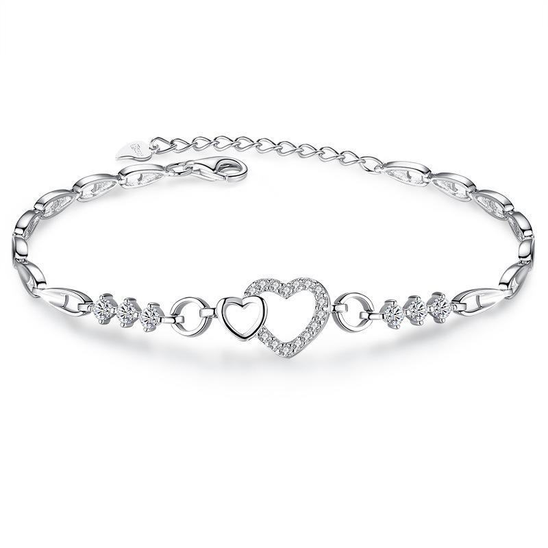 925 Silver Plated Heart Bracelet for Women with Zircon Love Diamond Jewelry Gift Romantic Matching Couple