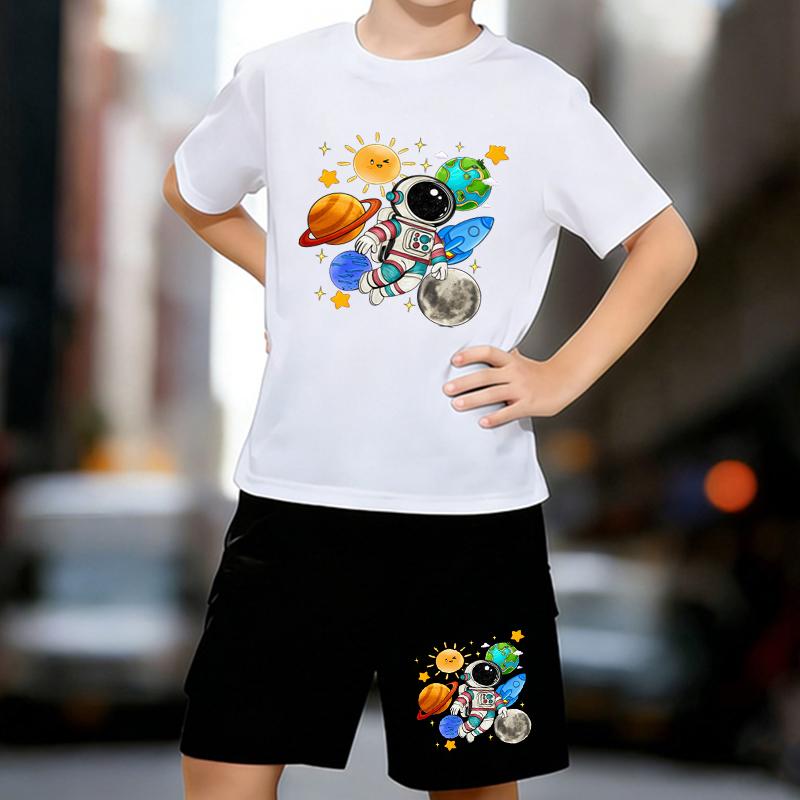 

Boys 2 Piece Astronaut and solar system printed outfit, Short Sleeve T-Shirt and Shorts Set for Kids Age 5-14, Black Sporty Casual Summer Clothes 13-14 Years