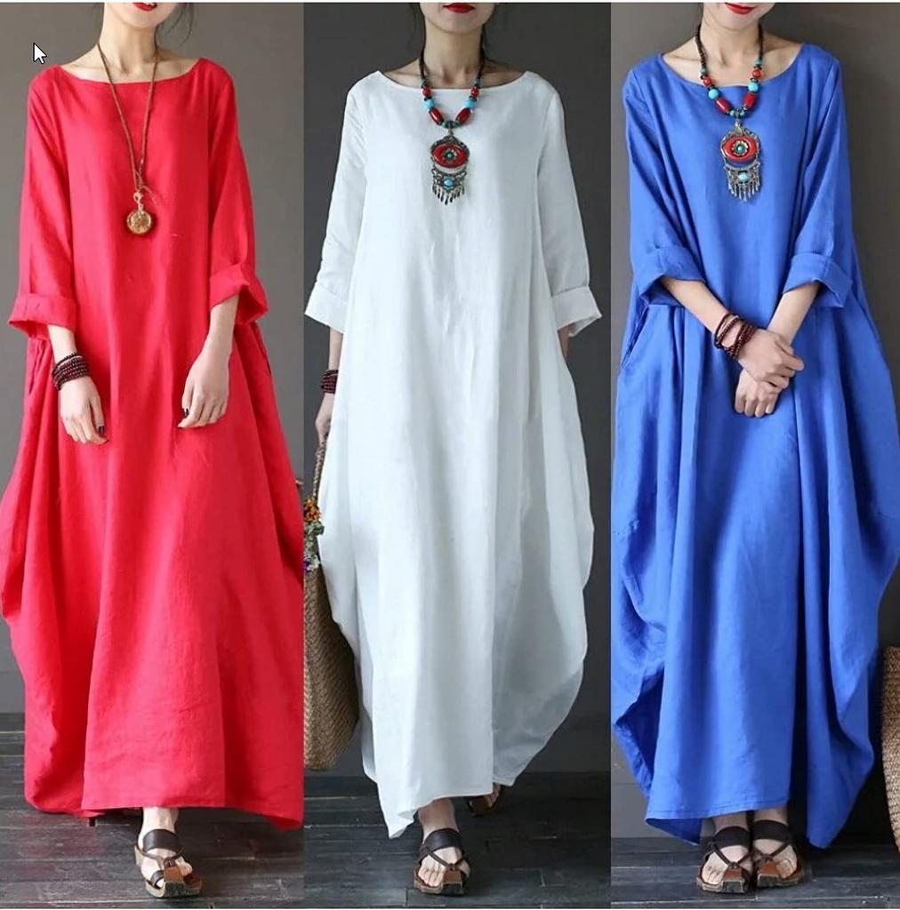 JINJUDUO Cotton Linen Plus Size Solid Color Extra Long Loose Dress (Black, XXL)