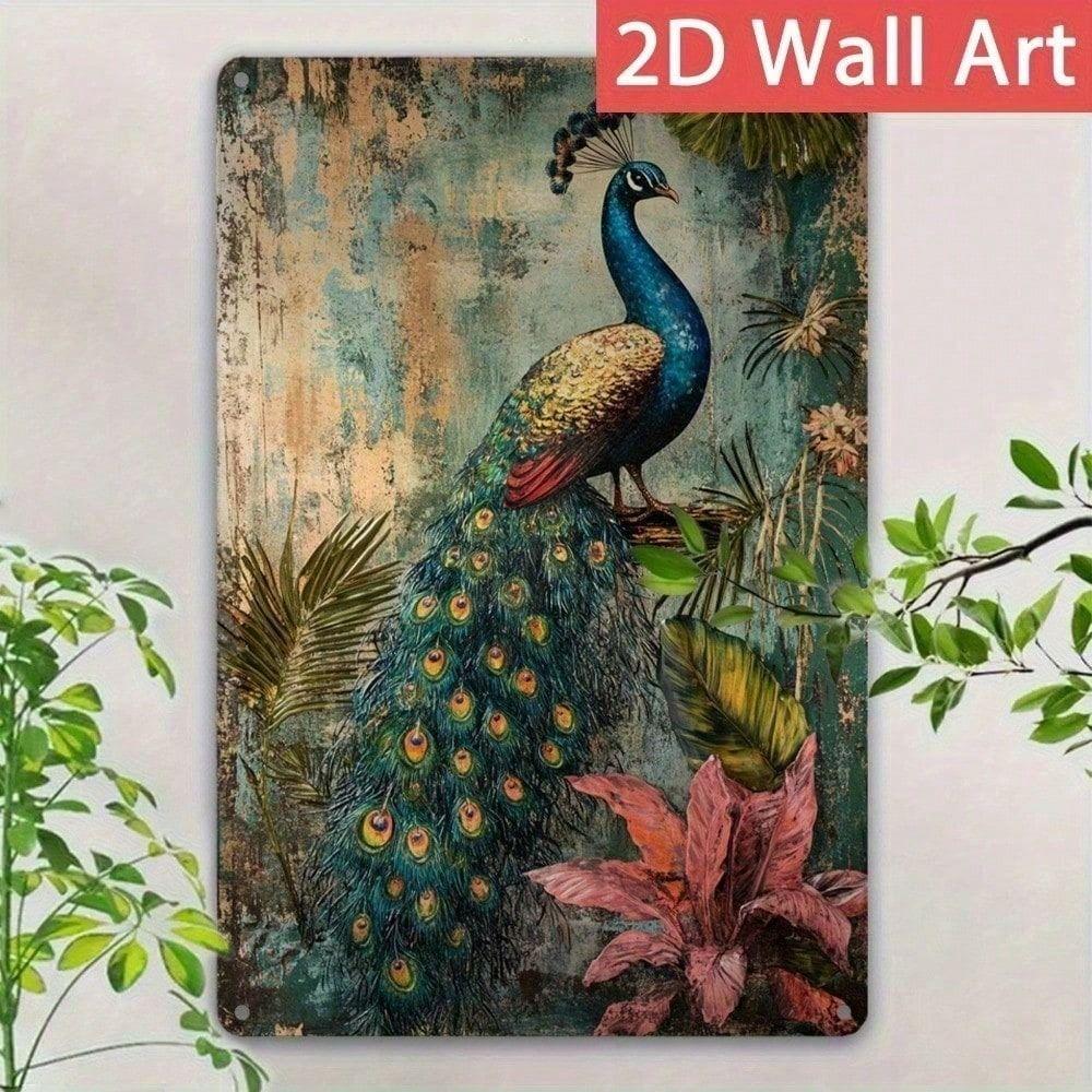 Vintage Metal Peacock Wall Art 30x20cm, Aluminum Feather Sign, Garden Outdoor Decor