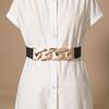 Women's Elastic Metal Chain Waist Cincher Belt - Slimming Stretch with Leather Accents, Black Canvas.