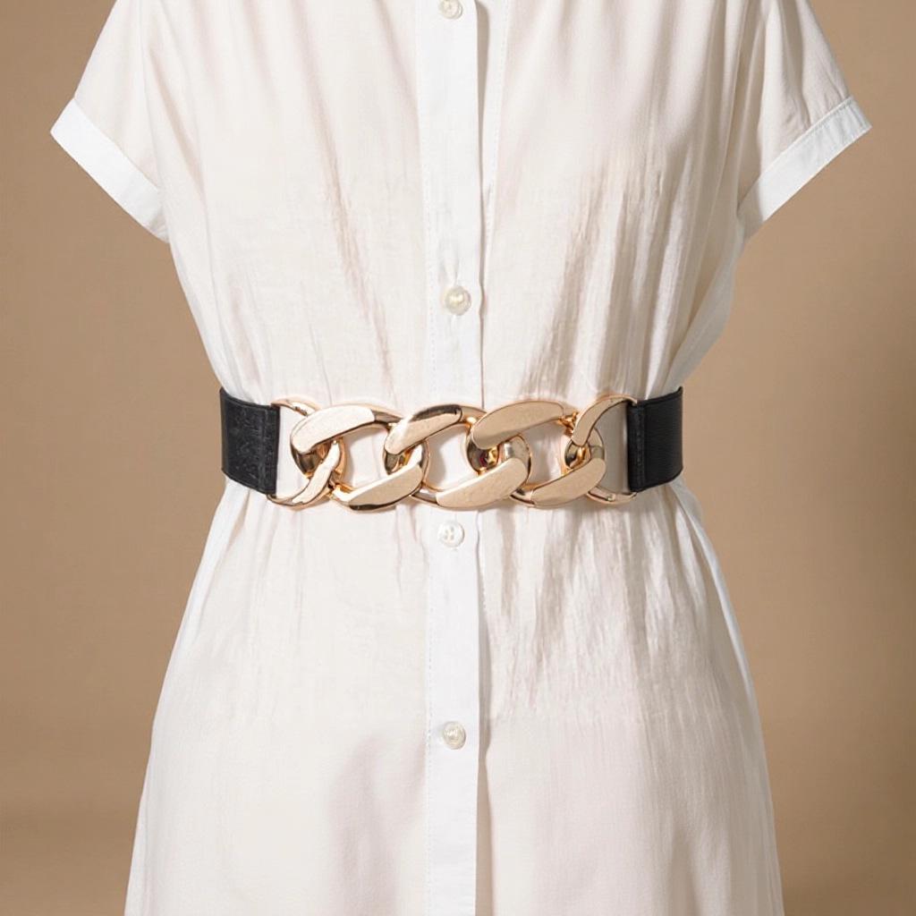 Women's Elastic Metal Chain Waist Cincher Belt - Slimming Stretch with Leather Accents, Black Canvas.