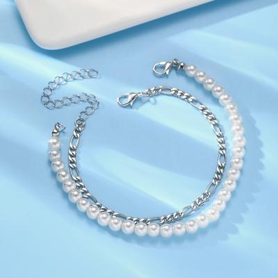 2 Pçs/set Pulseira Unissex Faux Pearl Hollow Chain Clipe de Lagosta Ajustável Camada Dupla