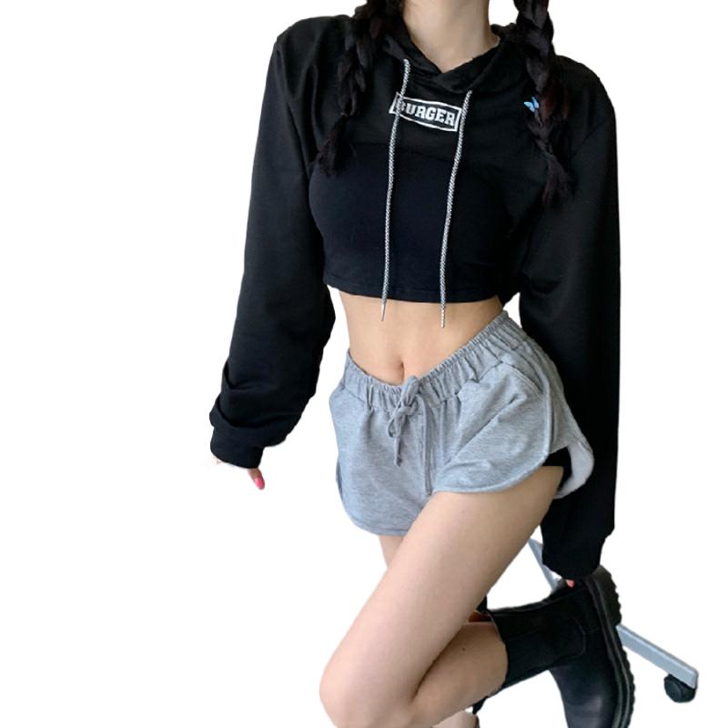 Dámská mikina s vysokým pasem, volná krátká, odhalující pupík, s dlouhým rukávem, jazzový hip-hopový top, tenká s kapucí