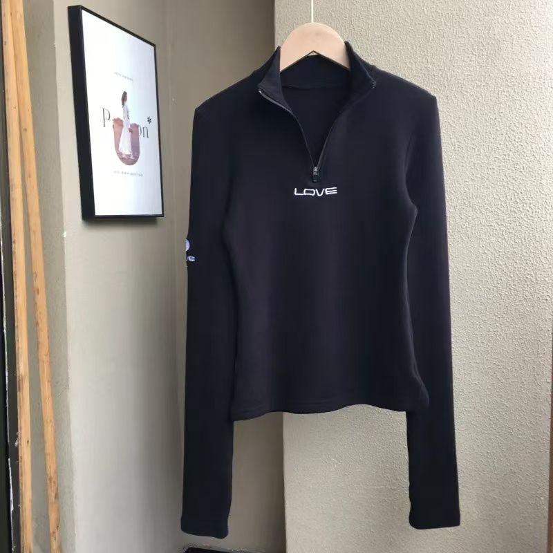 Women's Long-Sleeve T-Shirt Fall Sexy Slim Fit Stand Collar Zipper Double-Sided Fleece Base Shirt