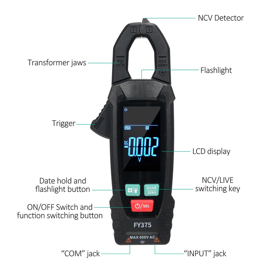 FY375 Clamp Meter with LCD Display Multifunctional Digital Clamp Meter 5999 Counts NCV Test Universal Meter Tester AC
