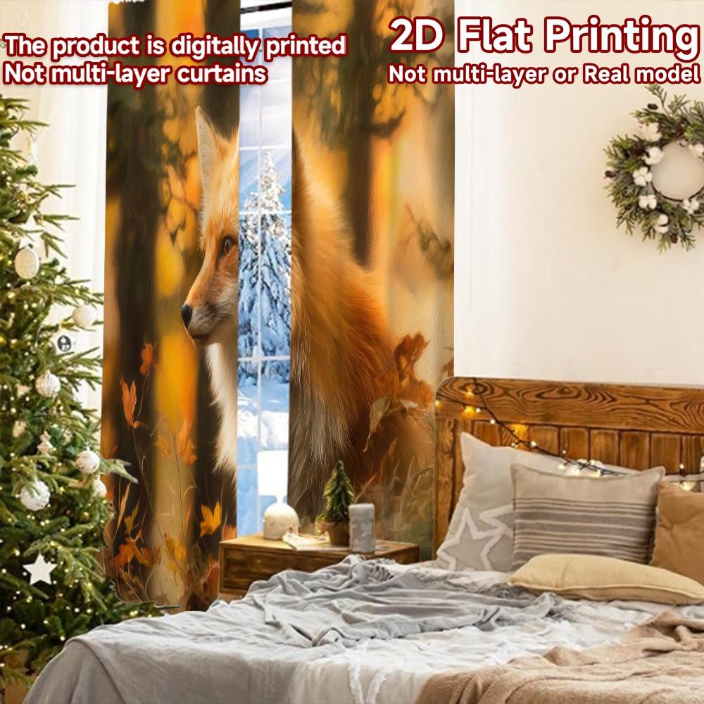 2pcs, 2D FLAT PRINTING Curtains (Without Rod) Autumn Fox Scene Holiday printed curtains Fabric Curtains Outdoor Decorations