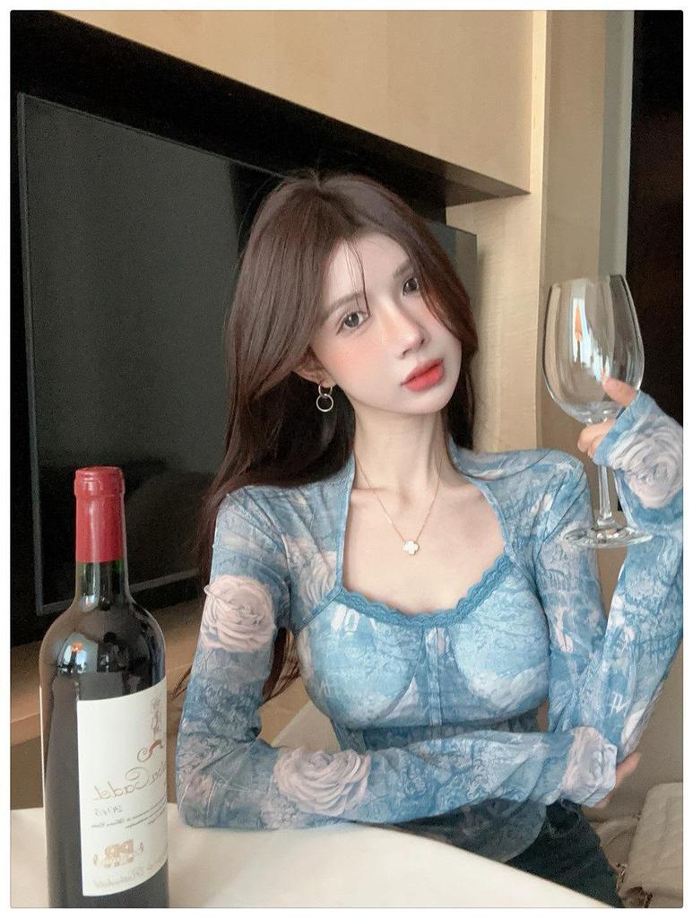 Women's Retro Ink Wash Tie-Dye Square Neck Slim Fit Base Layer Top - Autumn/Winter Collection