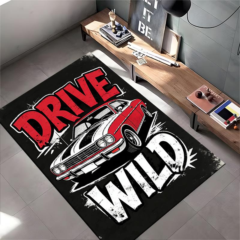 "Drive Wild Car-Themed Carpet with Bold Text and Retro Design" Suitable for use as an anti-slip for living room bedroom sofas