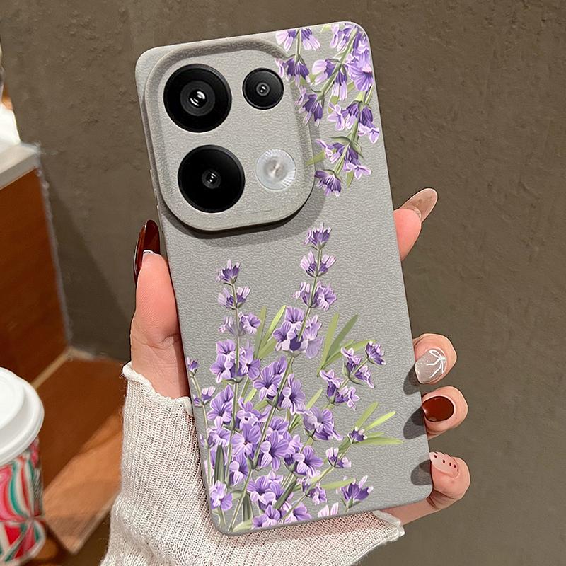 Purple Floral Pattern Leather Texture TPU Matte Case For Xiaomi 13T Pro Poco X7 X6 M6 Redmi 13C Note 14 Pro 13 12 11 Slim Shockproof Soft Phone Cover