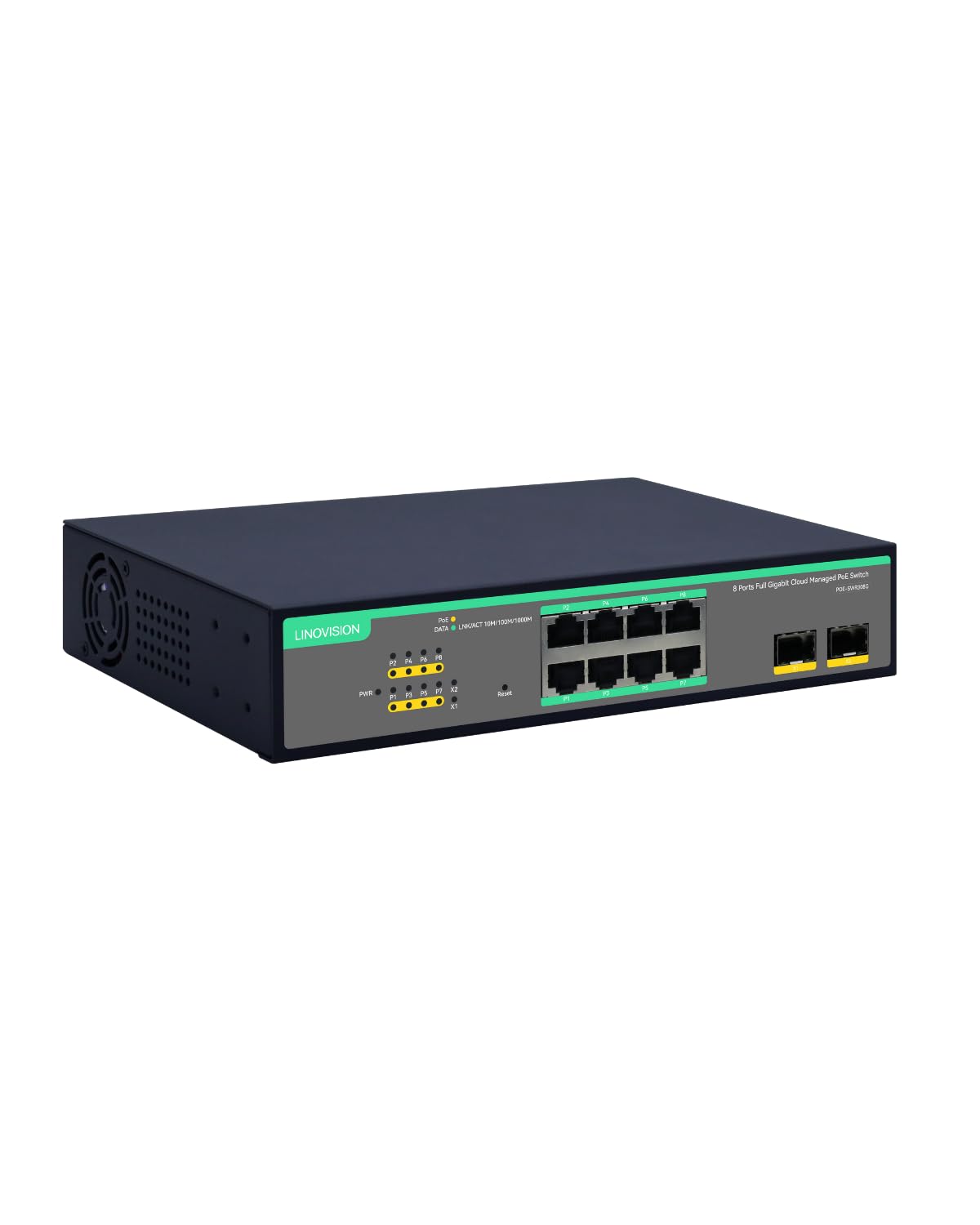 

LINOVISION 8 Port Remote Control Cloud Management PoE 2 SFP All Gigabit 120W Internal Uninterrupted and Switch, Uplinks, Ports, Power, IEEE802.3af/at,