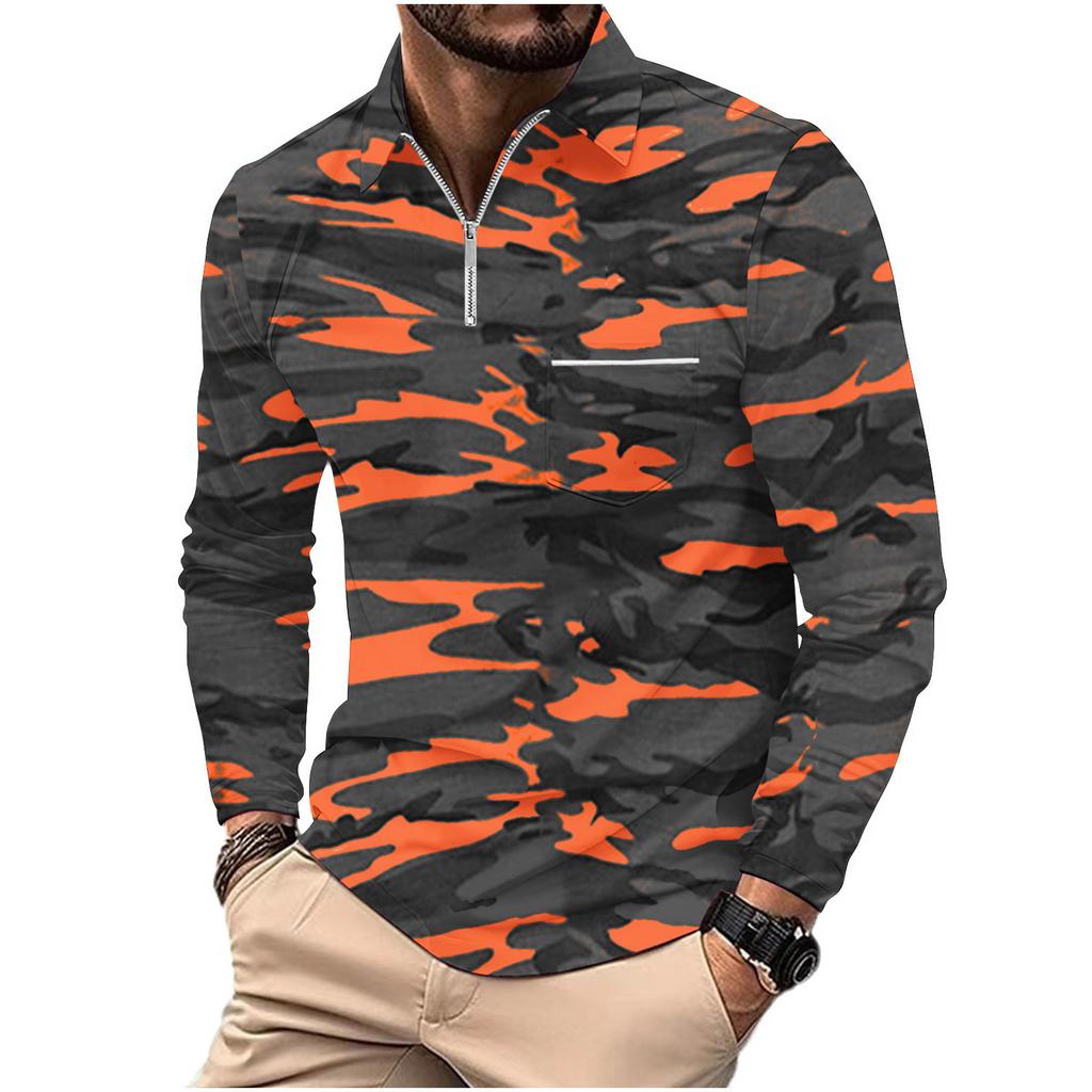 Men's Camouflage Sweatshirt Polo Shirt Zip Pocket Men's Long Sleeve Sports Polo