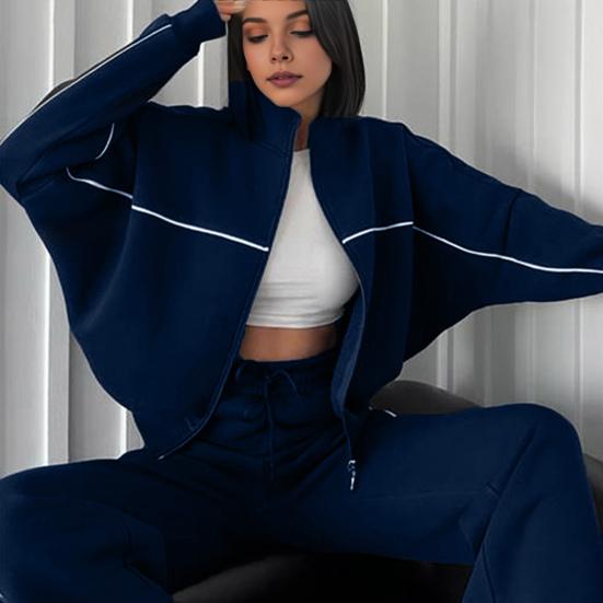 2 Adet/Takım Kadın Ceket Pantolon Takım Yarım Yüksek Yaka Fermuarlı Uzun Kollu Üst Lastikli Bel Geniş Bacak Cepli Pantolon Kış Günlük Giyim Eşofman Takımı