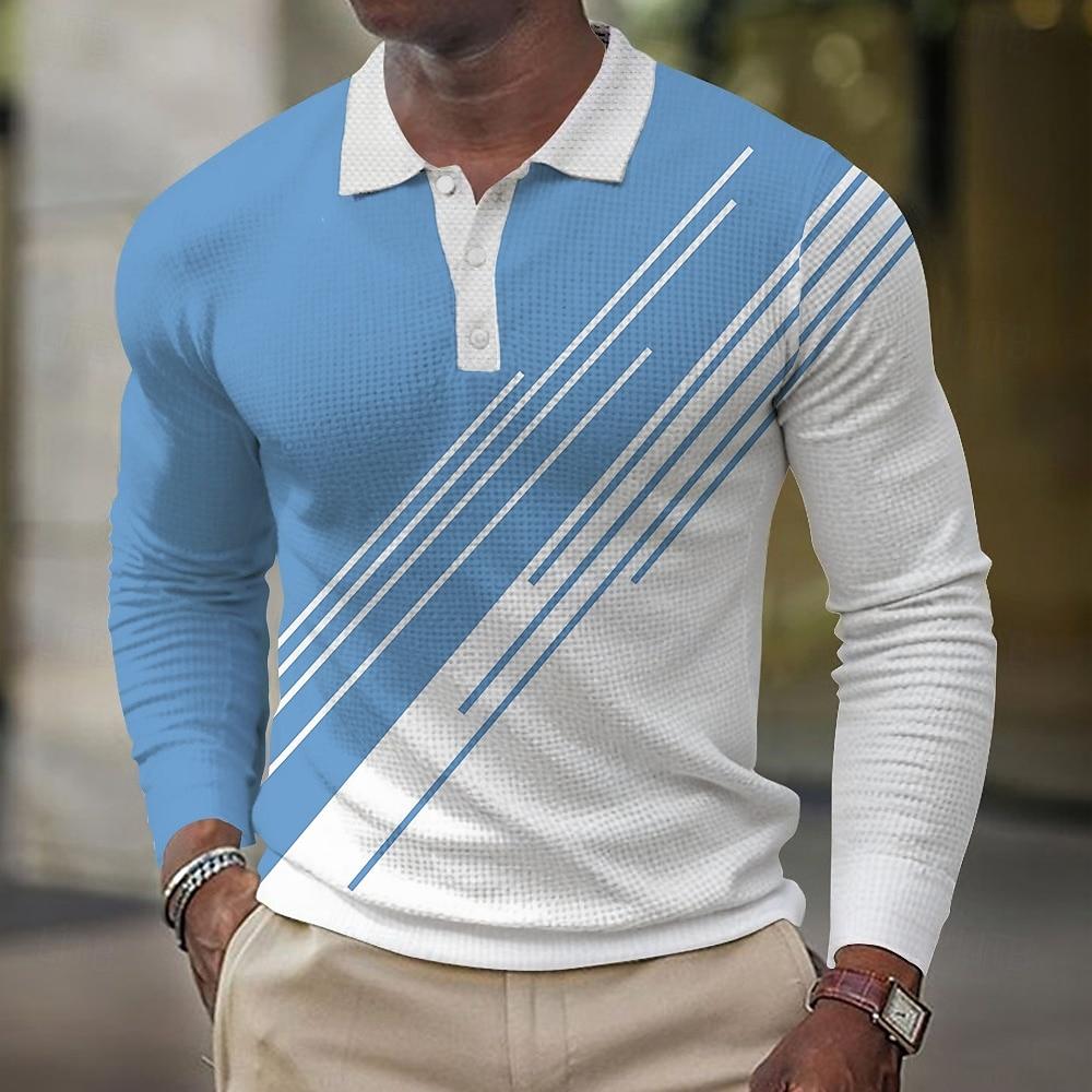 2025 Fashion Men's Geometic Line Long Sleeve Polo Shirt Breathable Casual Line Top Slim Fit Quick Dry Classic Collar Multi Color