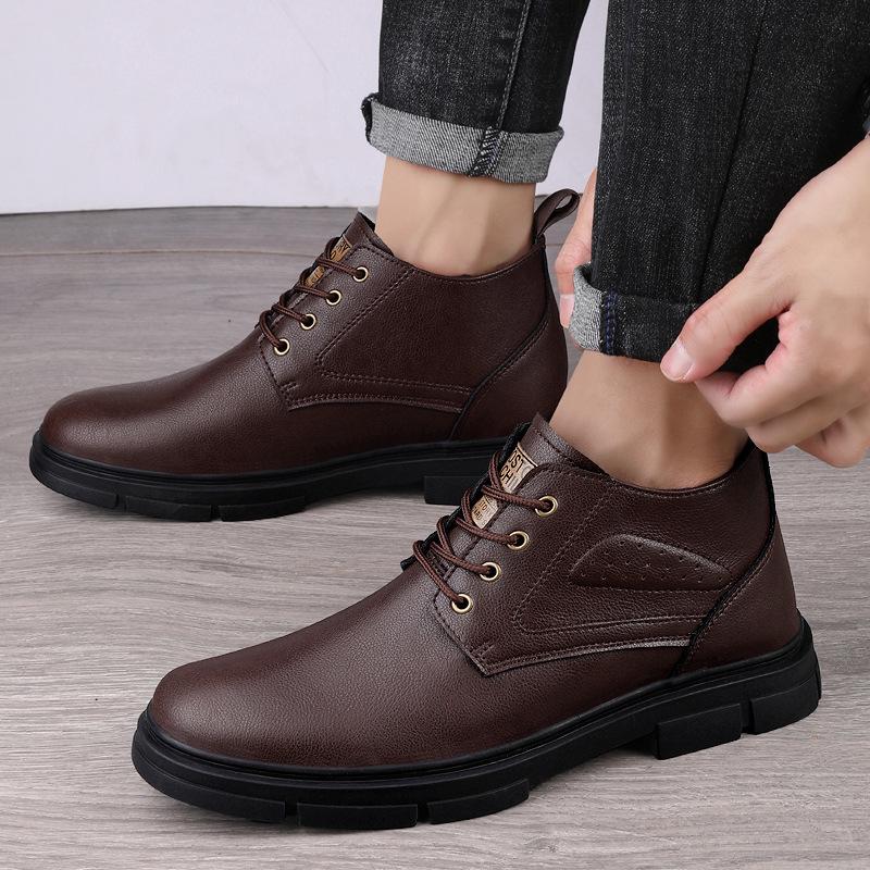 Men's Black Fleece-Lined High-Top Martin Boots - British Style, Plus Size, Autumn/Winter.