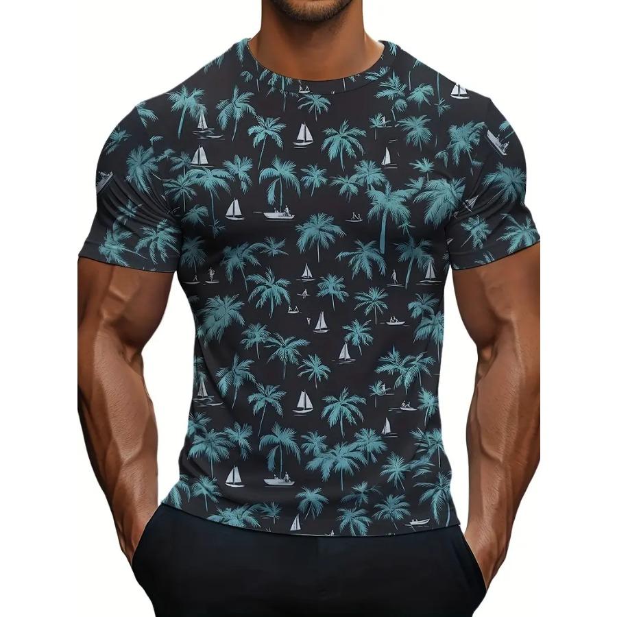 Men Tropical Palm Tree Graphic T-Shirt - Breathable Mesh Fabric, Casual Short Sleeve Crewneck, Summer Style with Sailboat & Coconut Design