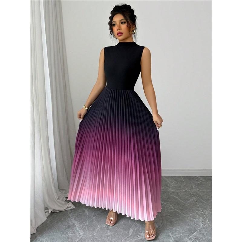 Graduated Color Sleeveless Round Neck Dress Long Skirt Korean Style Casual Fashion Comfortable Leisure Gradient Color Dress