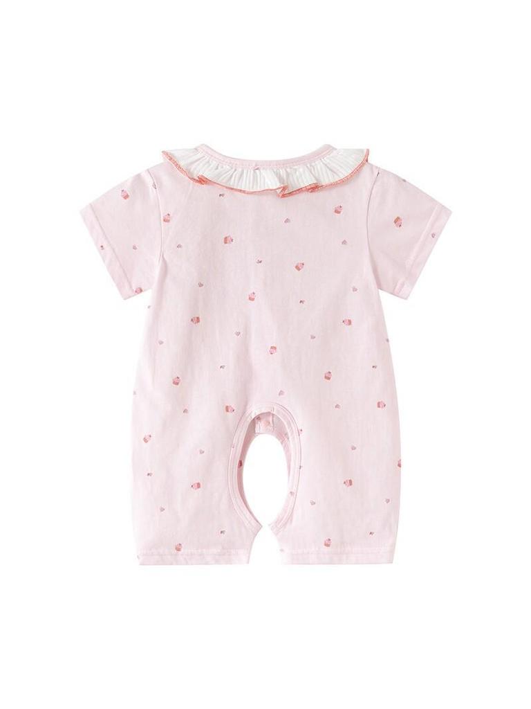 Girls' Summer Floral Cotton Romper, Short-Sleeved with Doll Collar, Size 100.