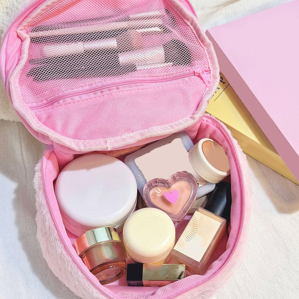 Kawaii Strawberry Plush Makeup Bag Large Capacity Travel Toiletry Organizer Cute Aesthetic Cosmetic Pouch Storage Case Women