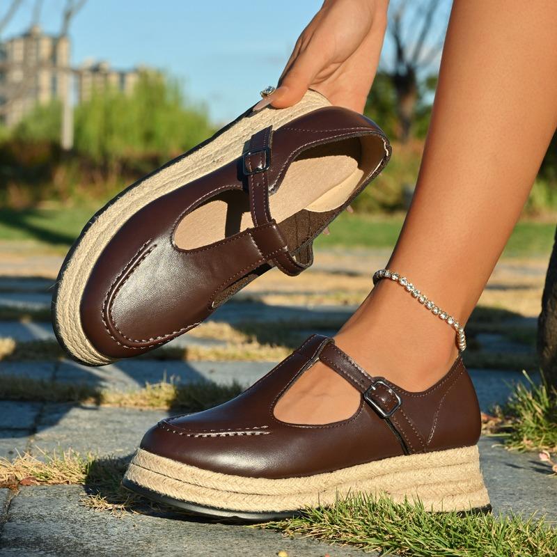 Fashion One Buckle Wedge Single New Round Toe Mid-Mouth Platform Non-Slip Low-Top Shoes for Autumn