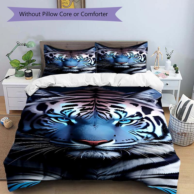 3pcs Tiger Print Bedding Set - 1 Duvet Cover + 2 Pillowcases(Core Not Included), Machine Washable Polyester Yy251216118
