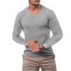 Men's Autumn Stand Collar V-Neck Long Sleeve T-Shirt, Vertical Striped Stretch Pullover Top for Sports Fitness Casual Daily Wear