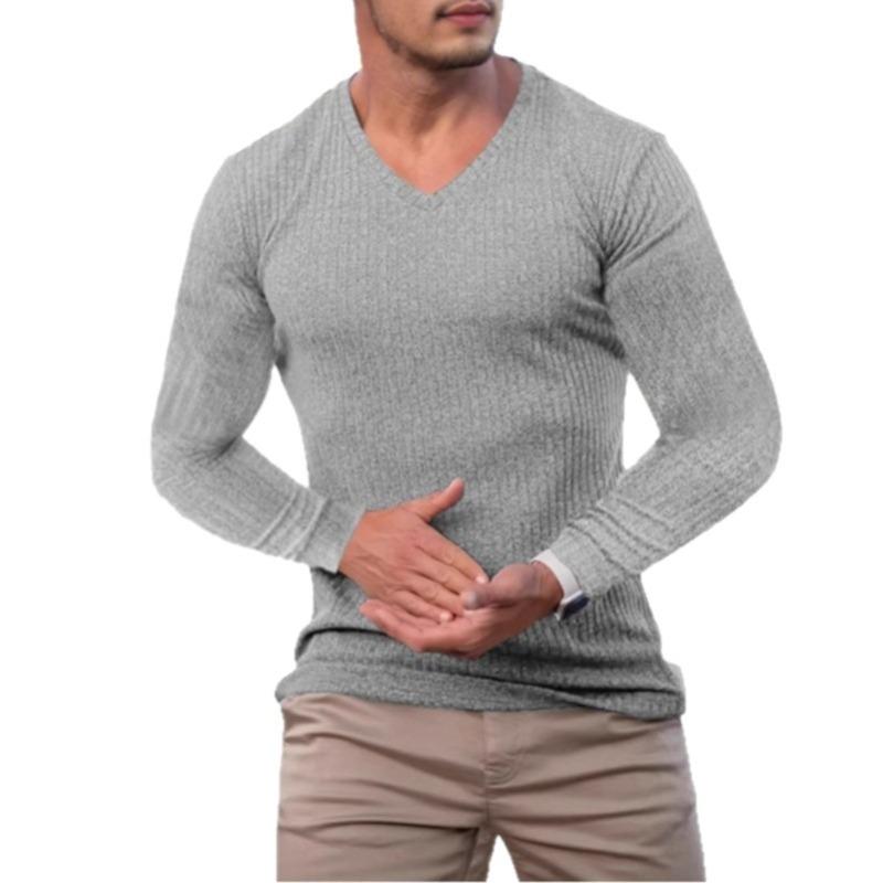 Men's Autumn Stand Collar V-Neck Long Sleeve T-Shirt, Vertical Striped Stretch Pullover Top for Sports Fitness Casual Daily Wear