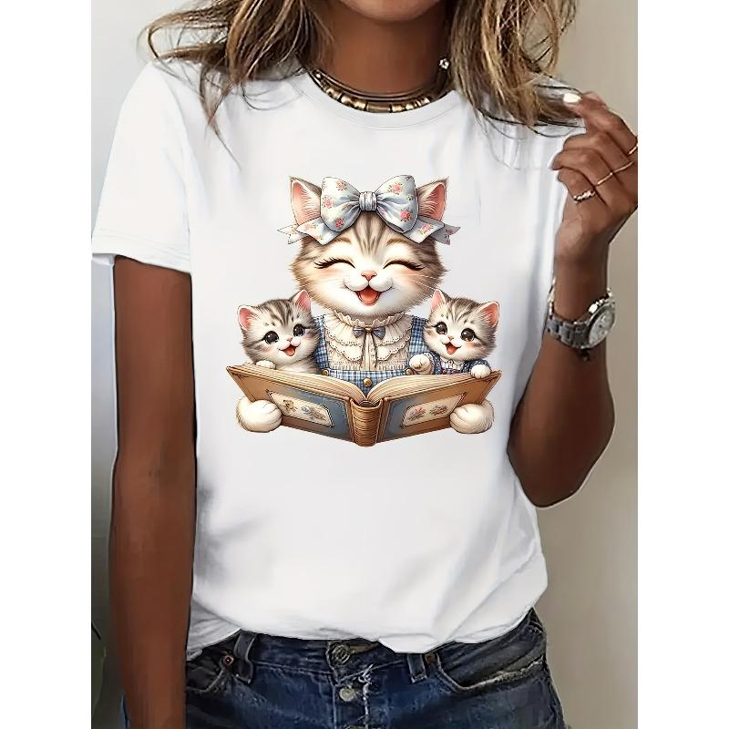 European Size Women'S Cute Cat Graphic Print T-Shirt, Short Sleeve Crew Neck Casual Top for Spring & Summer, Soft, White with Adorable Kitten Design