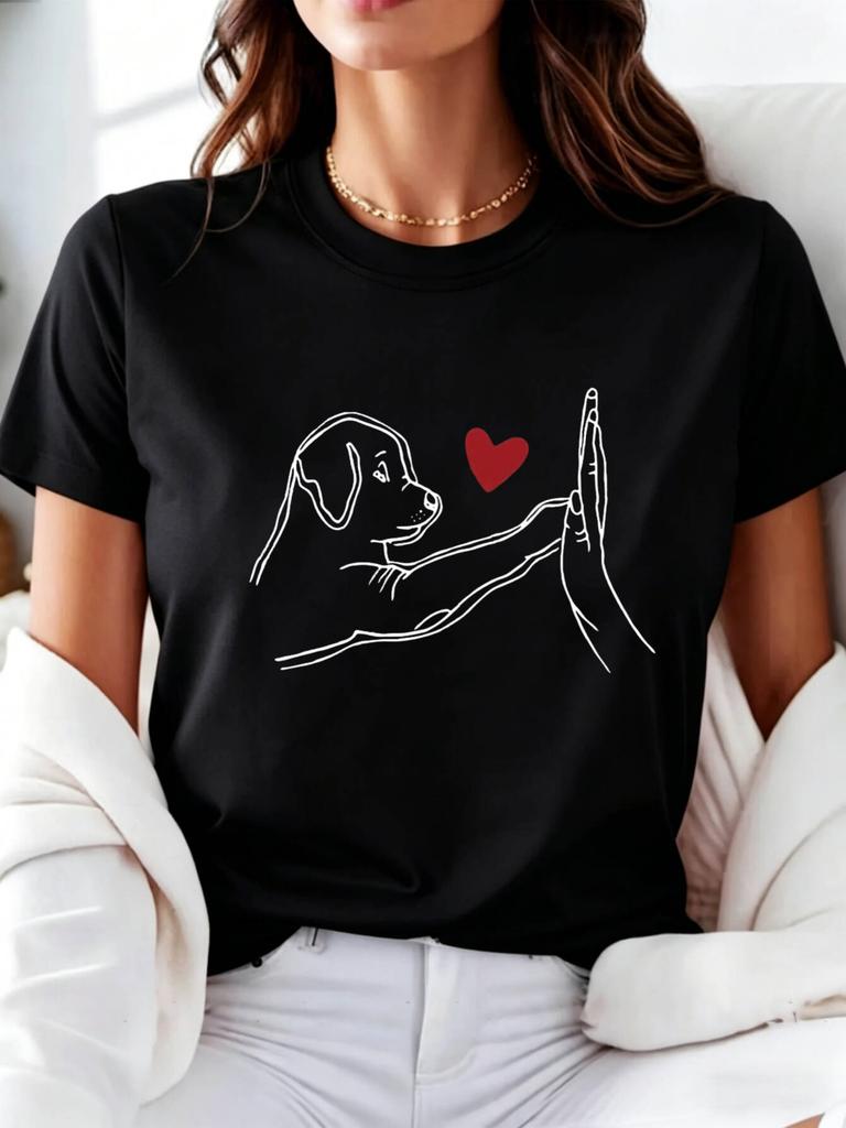 Casual Unisexs Tshirt Dog High Five Heart Print Round Neck Short Sleeve Four Seasons Leisure Outdoor Lightweight Comfortable Da