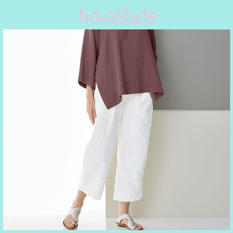 Vintage Art Style Cotton Linen Shirt With V Neck And Side Slits For Casual Wear
