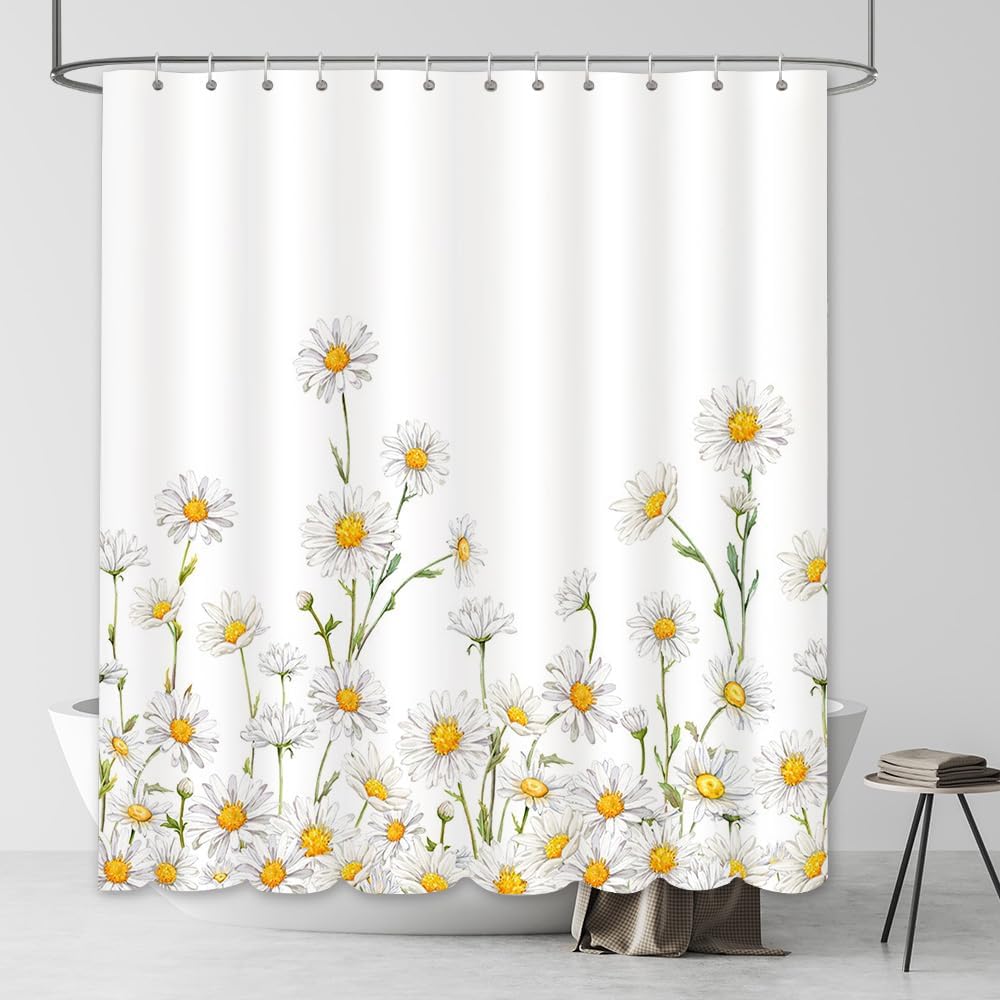 

White daisy pattern shower curtain with country style flower design bathroom shower curtain with 12 hooks, size 180 x 180cm W90xH180cm
