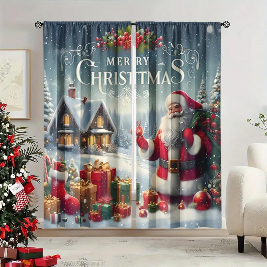 2PCS Blue Santa Claus Christmas Print Curtains, Winter Cottage House Gift Box Window Drapes for Xmas Holiday Bedroom Decor