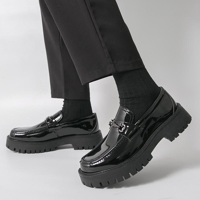 Men's Thick-Soled Patent Leather Height-Increasing Loafers with Chunky Heel