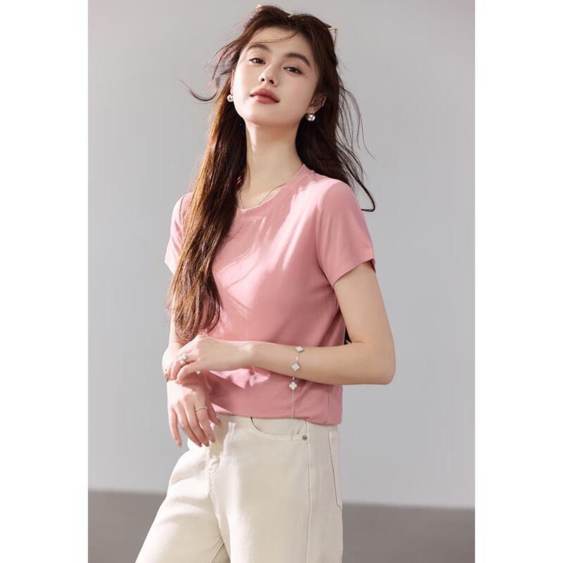 VICTORIA&VERA Women's Ribbed High-Stretch Mulberry Silk Short Sleeve T-Shirt