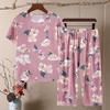 2 Pcs/Set Women Pajamas Set Mid-aged Flower Print Pleated O Neck Short Sleeve  Pajama Wide Leg Sleepwear Pants Set